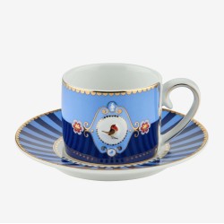 Love Birds Mavi Madalyon Desenli Kuşlu Kahve Fincanı 